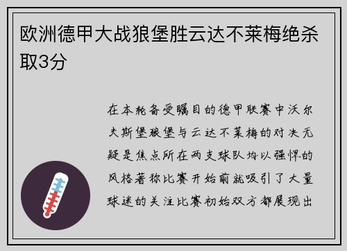 欧洲德甲大战狼堡胜云达不莱梅绝杀取3分