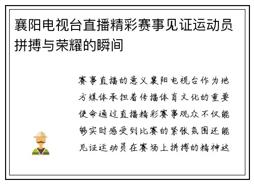 襄阳电视台直播精彩赛事见证运动员拼搏与荣耀的瞬间